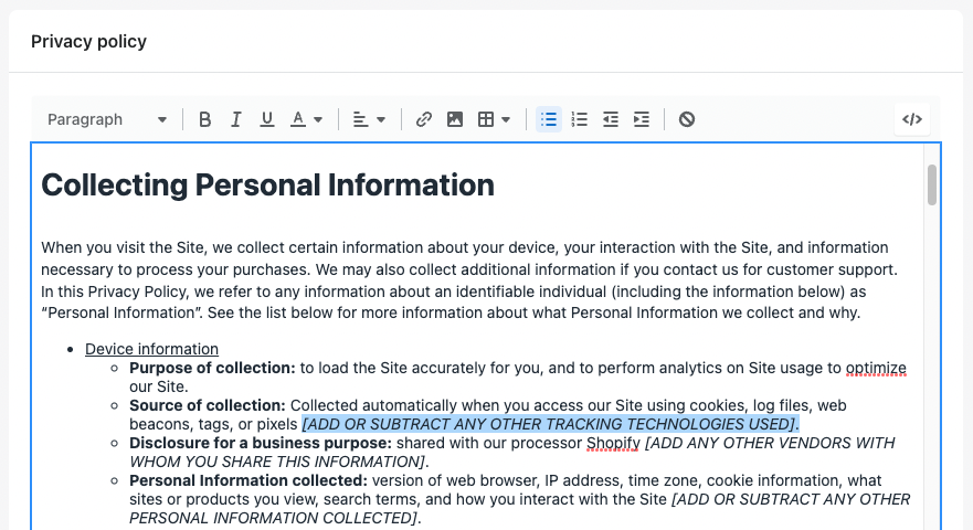 Shopify privacy policy template